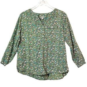 J. Jill Tunic Blouse Green Purple Blue Floral Cotton Ditsy Long Sleeve V-Neck